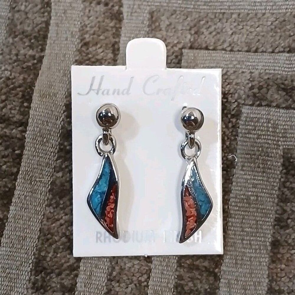 Vintage COP Hand Crafted Dangle Earrings Rhodium Inlay Turquoise Coral Geometric